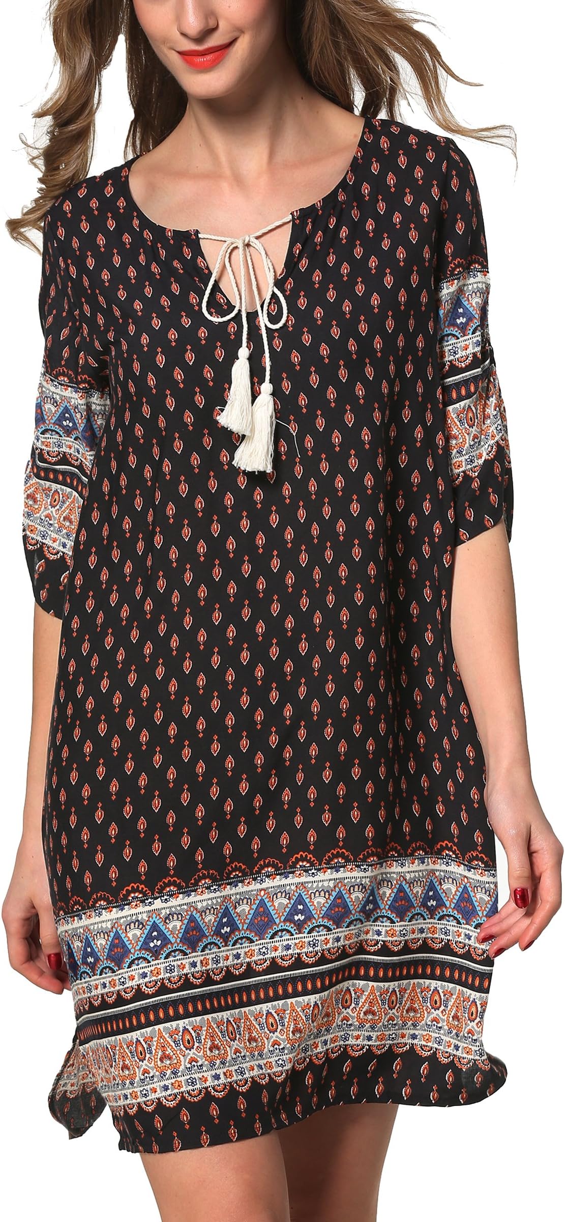 ARANEE Women's Bohemian Vintage Printed Loose Casual Boho Tunic Dress