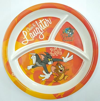 HMI Cartoon Character 3 Section Round Melamine Plate for Kids (Tom & Jerry, 8 Ounce)