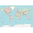 Academia Maps - World Map Wall Mural - Blue Ocean Detailed Political Map - Premium Self-Adhesive Fabric