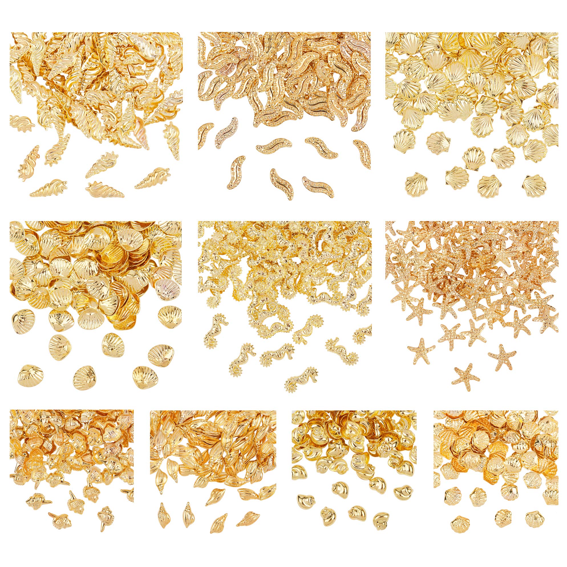 OLYCRAFT 1000pcs Seashells Nail Decoration 10-Style Alloy Epoxy Resin Supplies Mini Starfish Seahorse Resin Supplies Filling Resin Fillers Charms for Resin Jewelry Making and Nail Arts - Golden
