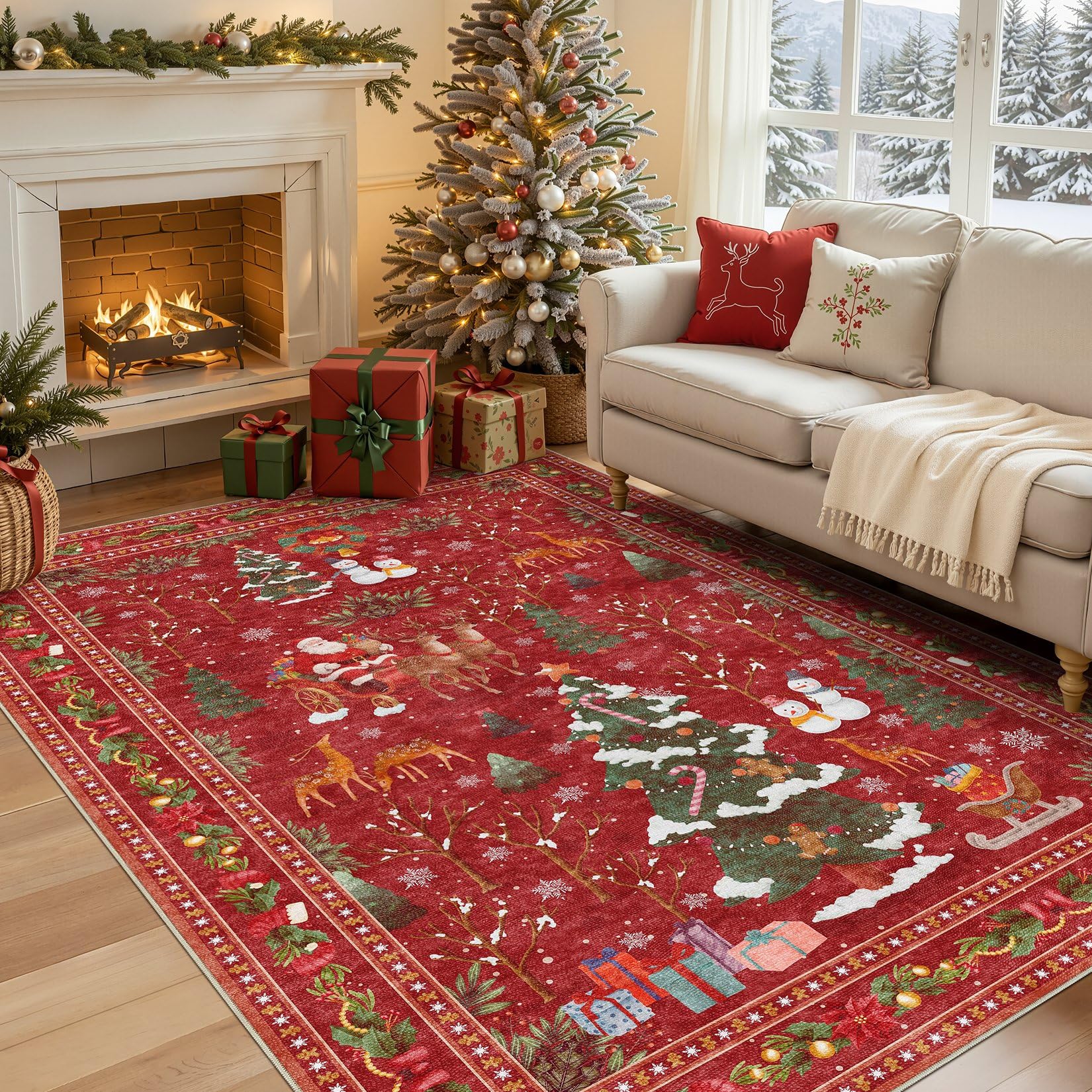 UERMEI Christmas Area Rug Living Room Rugs: 5x7 Neutral Modern Washable Festive Soft Thin Non-Slip Indoor Carpet for Bedroom Dining Table and Home Office Holiday Decor - Red Image