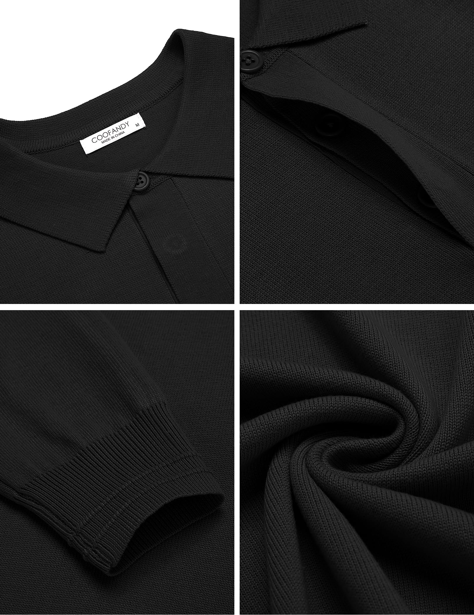 COOFANDY Strickpullover Herren Polo Pullover Langarm Polo Shirt Pulli mit Polokragen Versteckte Knopfleiste Schwarz XL 4