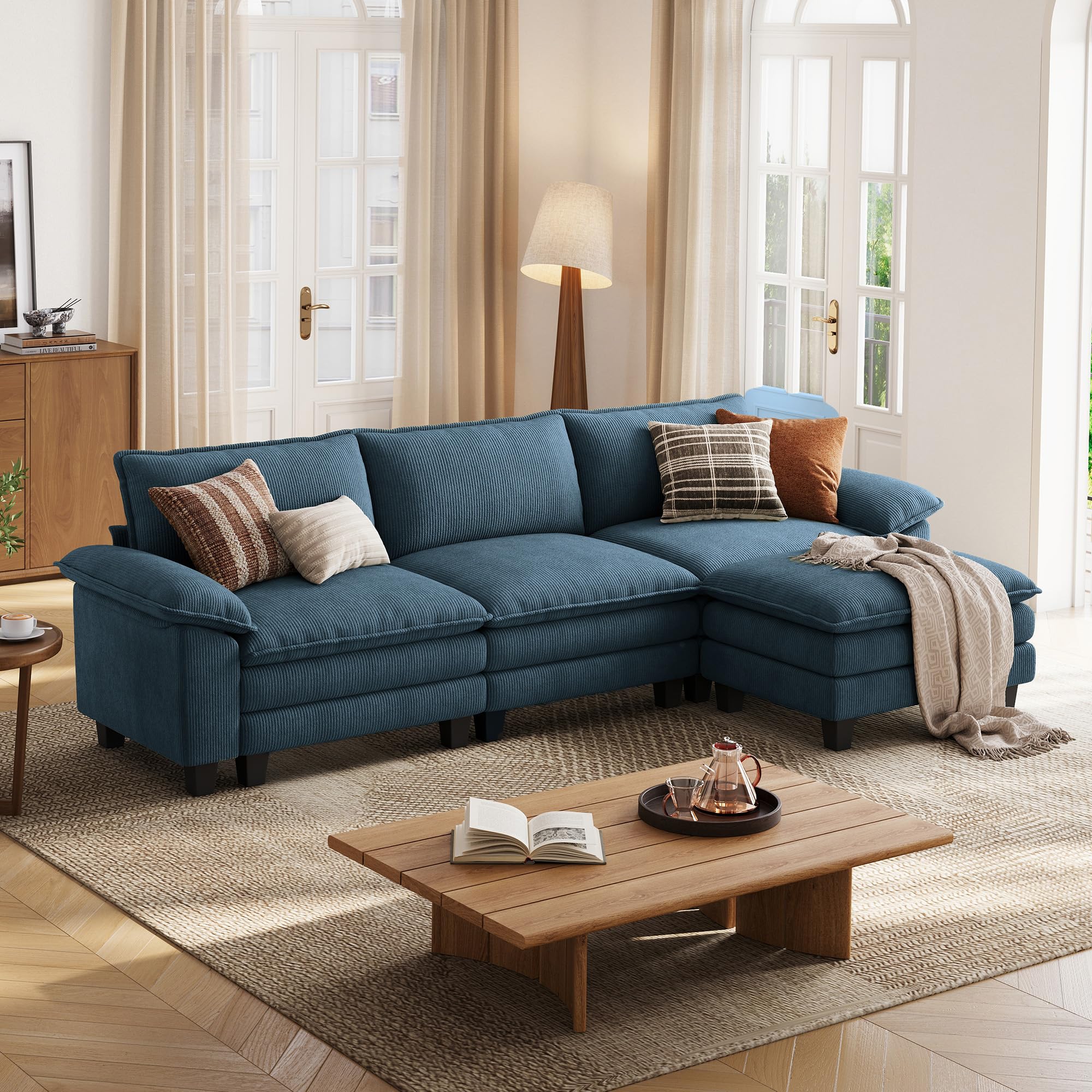 Photo 1 of ***BOX B AND C ONLY/INCOMPLETE SET/2 BOXES***LINSY HOME 123'' Modular Sectional Sofa Blue Couch Corduroy Cloud Couches for Living Room, L Shaped Couch with Movable Ottoman, Modern Cloud Sectional Sofas for Bedroom and Apartment, Blue