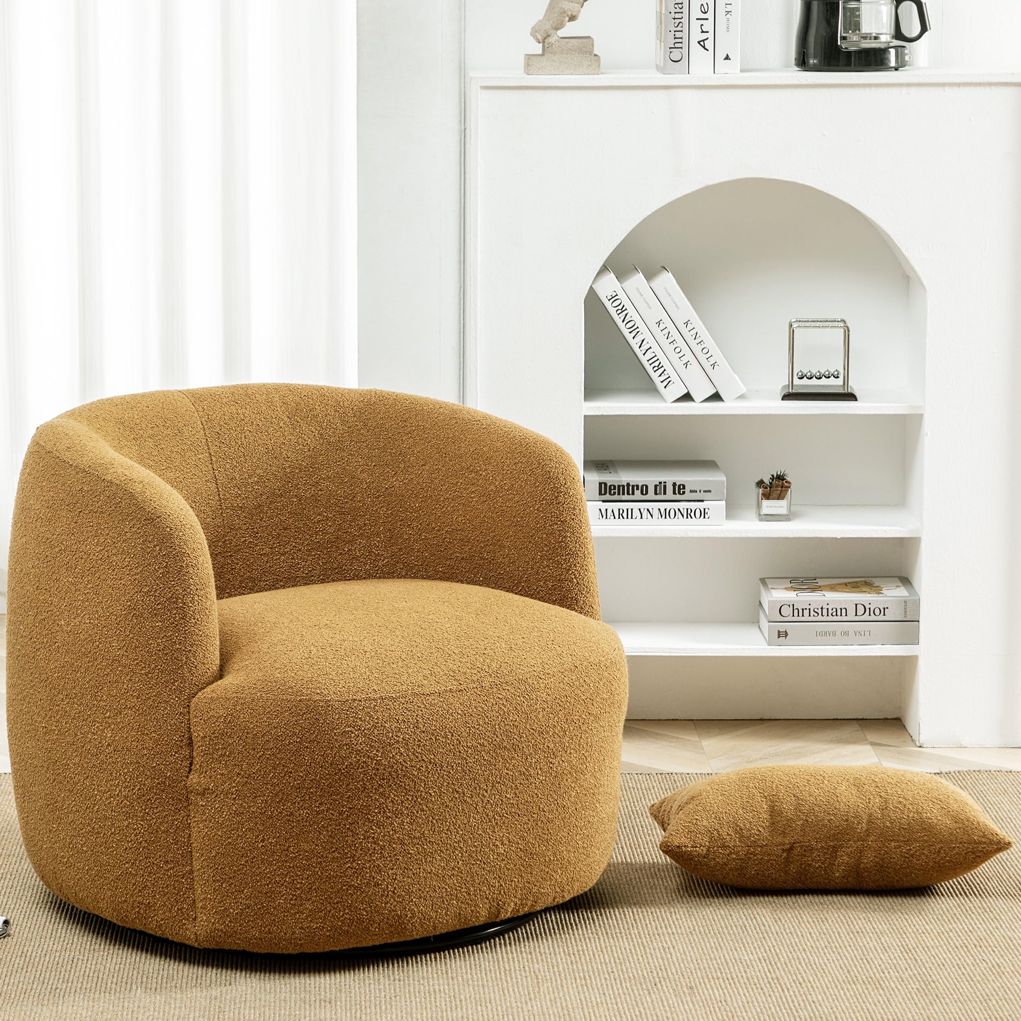 Photo 1 of ** NO PILLOW **
KINWELL 34" Wide Boucle Swivel Barrel Chair, No Assembly Round Upholstered Armchair Accent Chair Single Sofa Chair , Brown