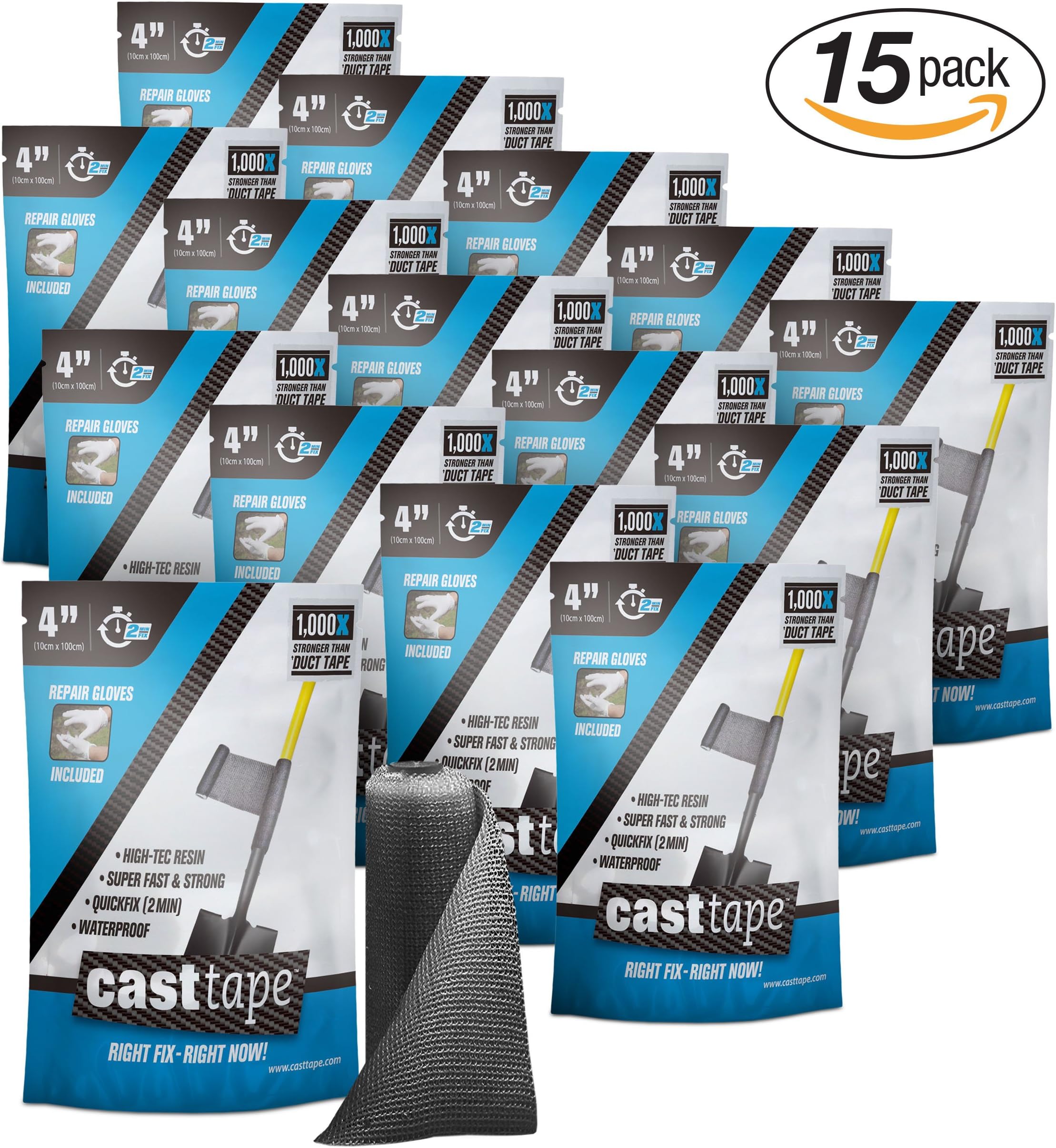 CASTtape - Super Epoxy Carbon Fiber Tape - 100x Strength of Duct Tape - Fix & Repair: Automotive, Plumbing, Pipe & Hose, Emergency, DIY - Super Value 15 Roll Contractor Pack, 4" x 40" Rolls