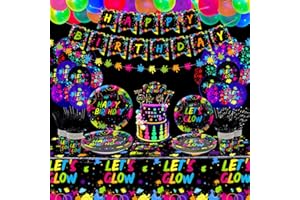 XJLANTTE 225 Pieces Glow Neon Party Supplies - Neon Balloon, Glow in the Dark Birthday Banner, Garlands, Cake Topper, Tablecloth, Plates, Napkins and Cup for Blacklight Party Decorations, Serves 20 Guest