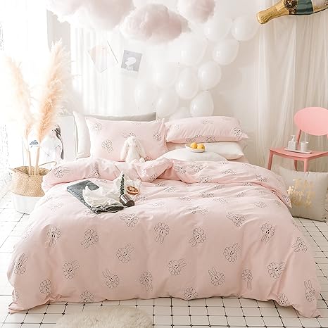Amazon Co Jp Lelvaピンクウサギの印刷可愛い布団カバーセット寝具女の子子供用4ピース掛け布団カバーフィットシーツコットン Full Queen Byf 243 ホーム キッチン