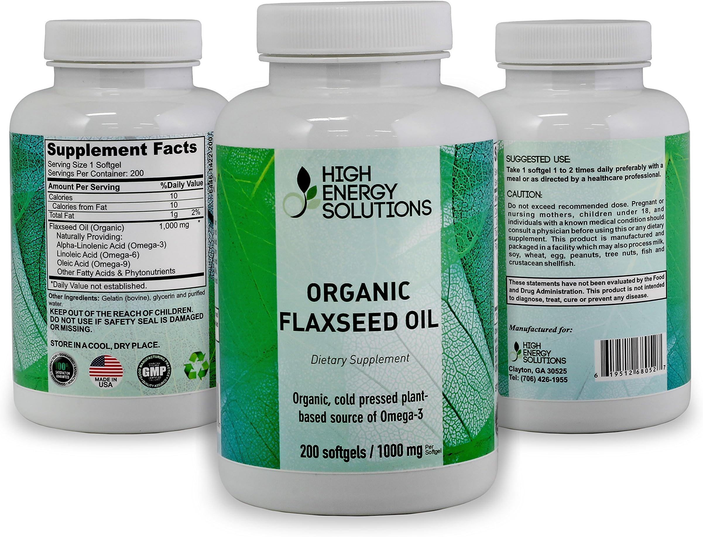 HIGH ENERGY SOLUTIONS - Organic Flaxseed - Value Sized 250 Softgels Potent 1000mg / Capsule - Cold Pressed Plant Based Source of Omega - 3’s - Ultimate Bio-Availability & Absorption - GMP - USA
