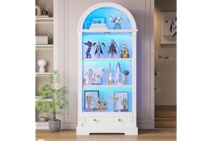 TAGELIER Arched Display Cabinet with Glass Doors, 72" Tall Curio Cabinet with Human Sensor Lights, 4-Tier Glass Display Case for Collectibles Home Office, White