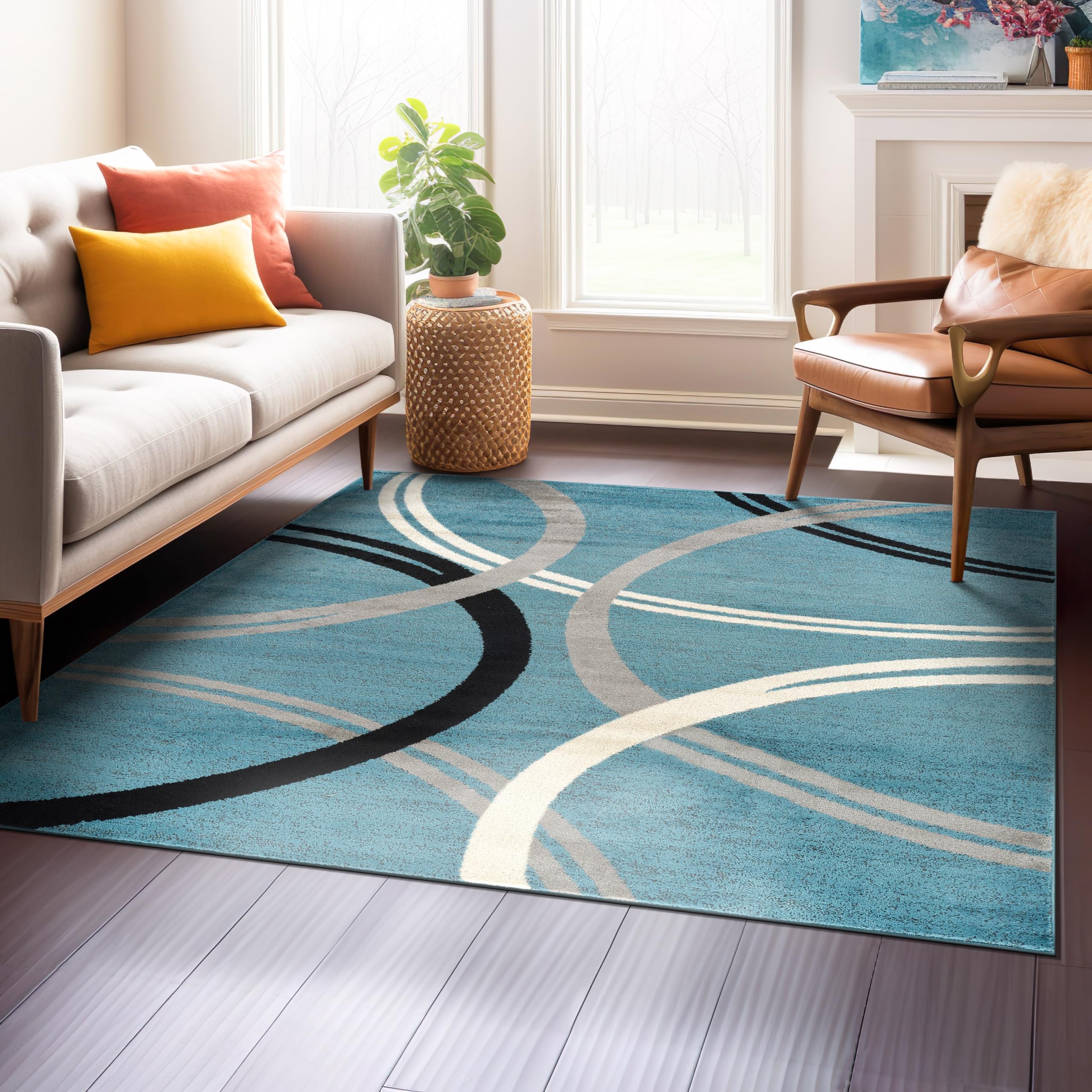 Rugshop Modern Wavy Circles Design Square Rug, Non-Shedding Carpet for Living Room, Bedroom, or Dining Room, Blue, 6'6" x 6'6" Image