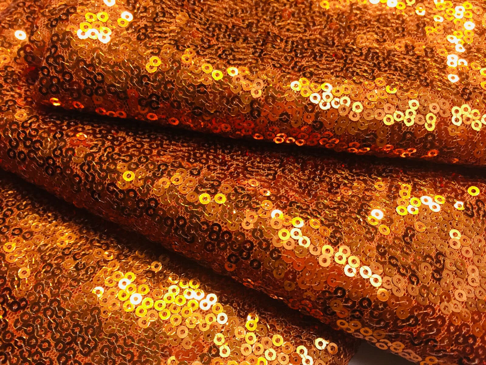 3mm Sequins Fabric 2 Way Stretch Fish Scales Multicoloured Material for Carnival Crafts - 130cm Wide (1 METRE, Copper Orange)