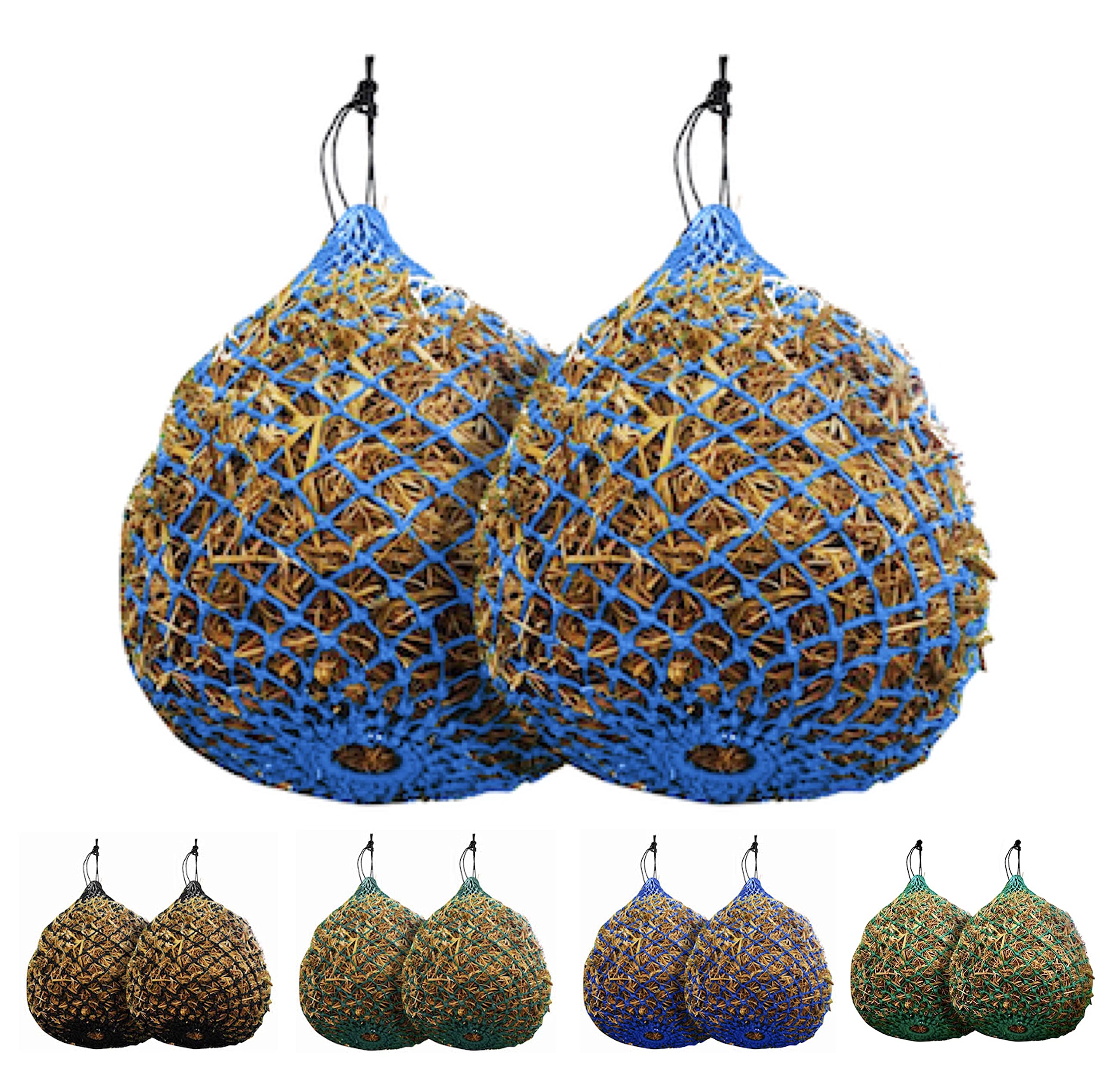 Majestic Ally 2 Pcs 1.25”x1.25” Holes Ultra Slow Feed 40” Very Sturdy Hay Net with Bottom Ring for Goat, Sheep and Livestock Simulatr grazing, Reduces Waste (Hurricane Blue)