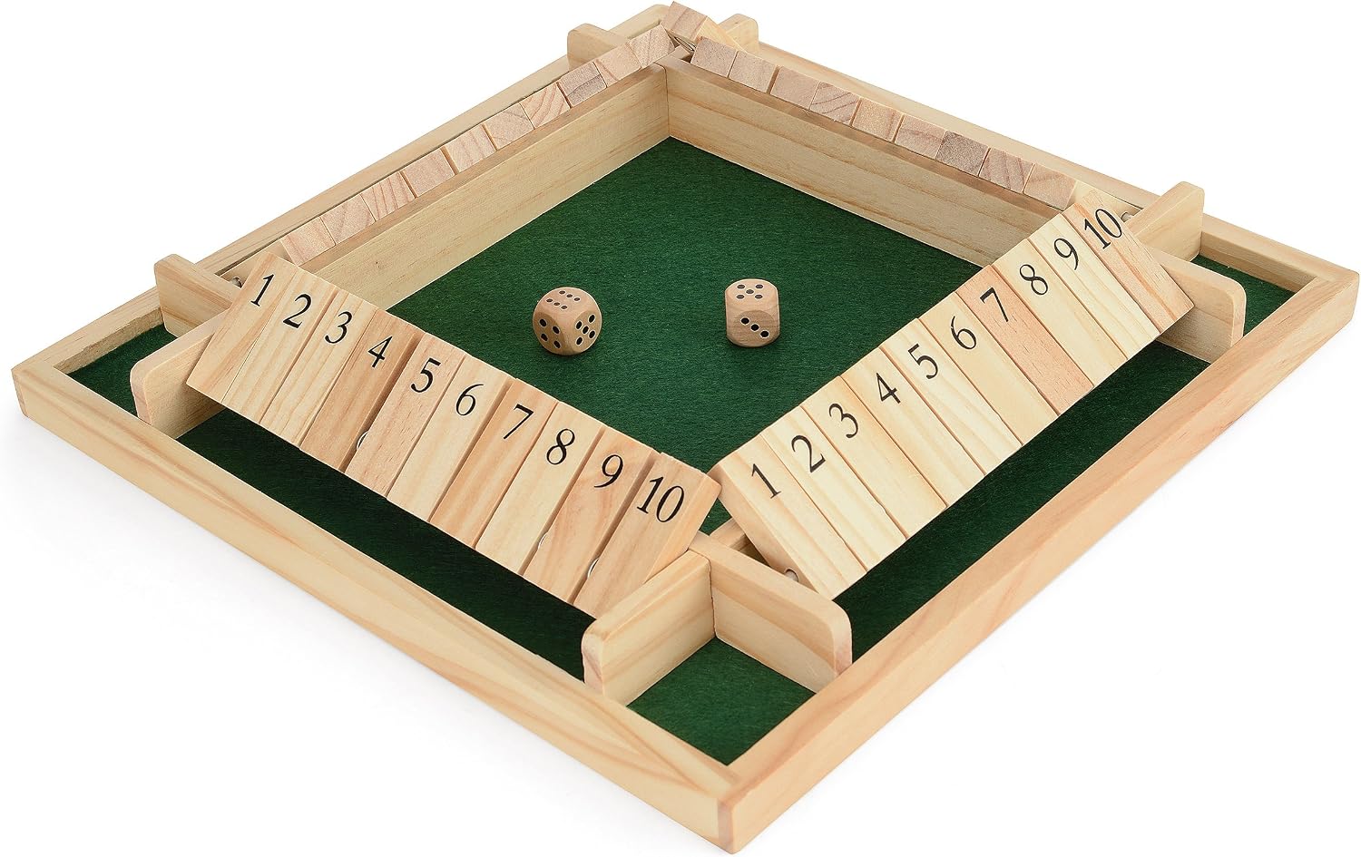Toyrific 4 Player Shut The Box Game, Wooden Table Dice Classic Kids Family Travel Game, Green