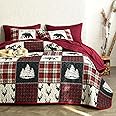Wake In Cloud - Rustic Quilt Set, Cabin Lodge Christmas Bear Moose Deer Woodland Western Patchwork Country, Reversible Lightweight Bedspread Coverlet, 3 Pieces, Burgundy Black, King Size