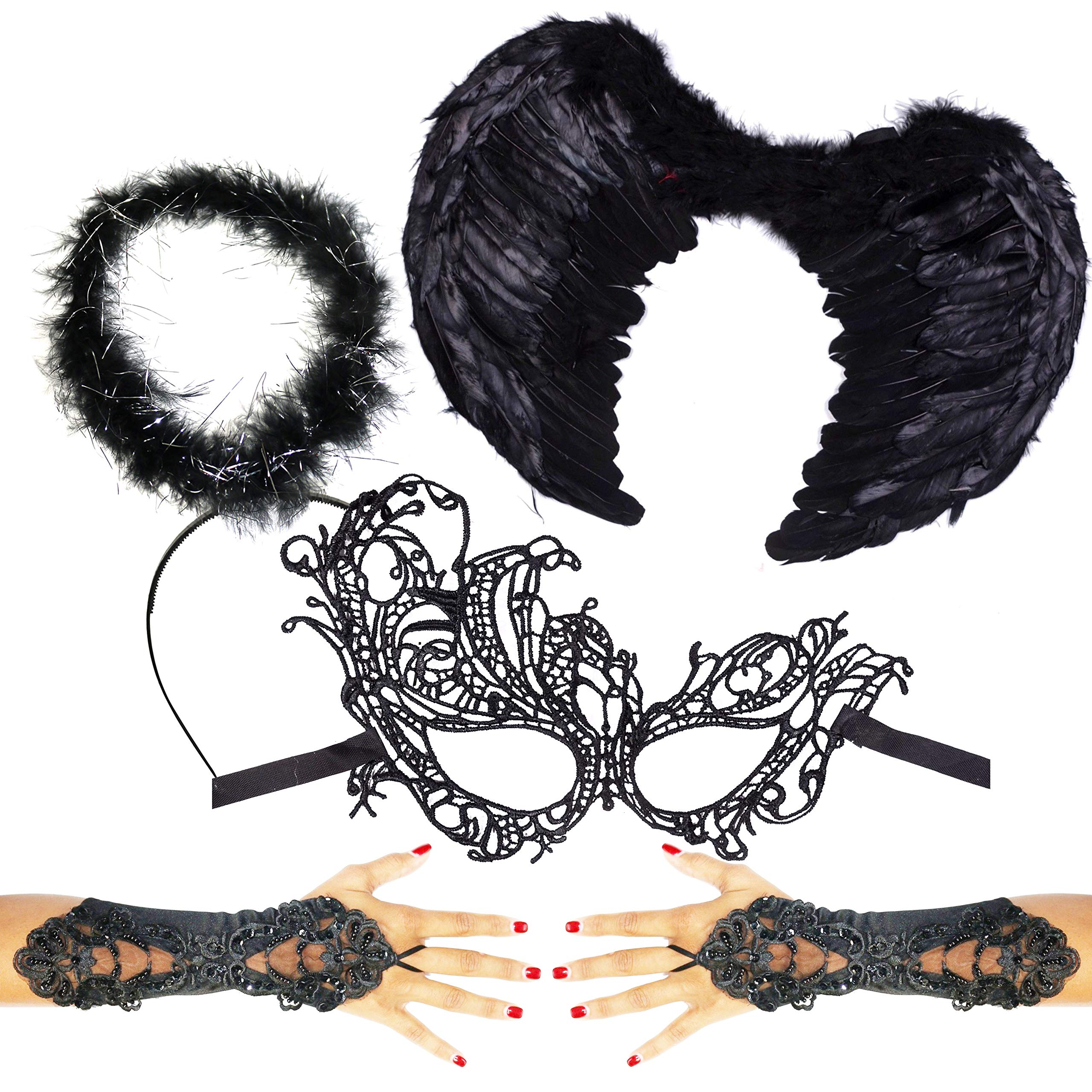 By Robelli Adult Large Feathered Angel Wings Fancy Dress Set - Wings, Halo, Gloves & Mask (Black)