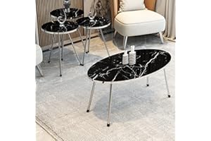 SUNRISE HOME DECOR 4 Piece Living Room Table Set, 1 Coffee Table and 3 Nesting Tables, NO-Tools Assembly (Black Marble/Gray, Ellipse Coffee Table/Round Nesting Tables)