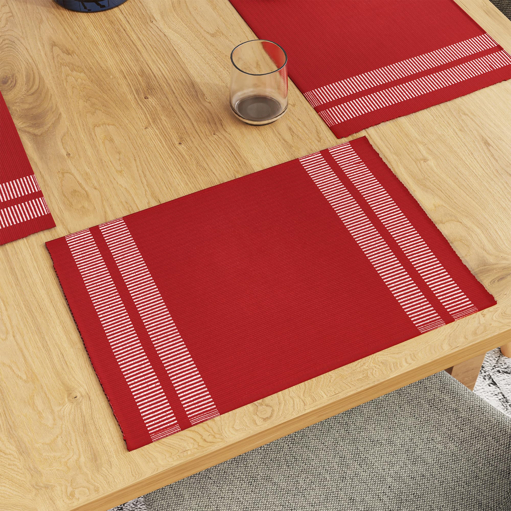 Encasa XO Dining Placemat Set of 6 | Solid Ladder Red Color | Fine Ribbed Cotton Table mat | Size 18x13 in | Machine Washable
