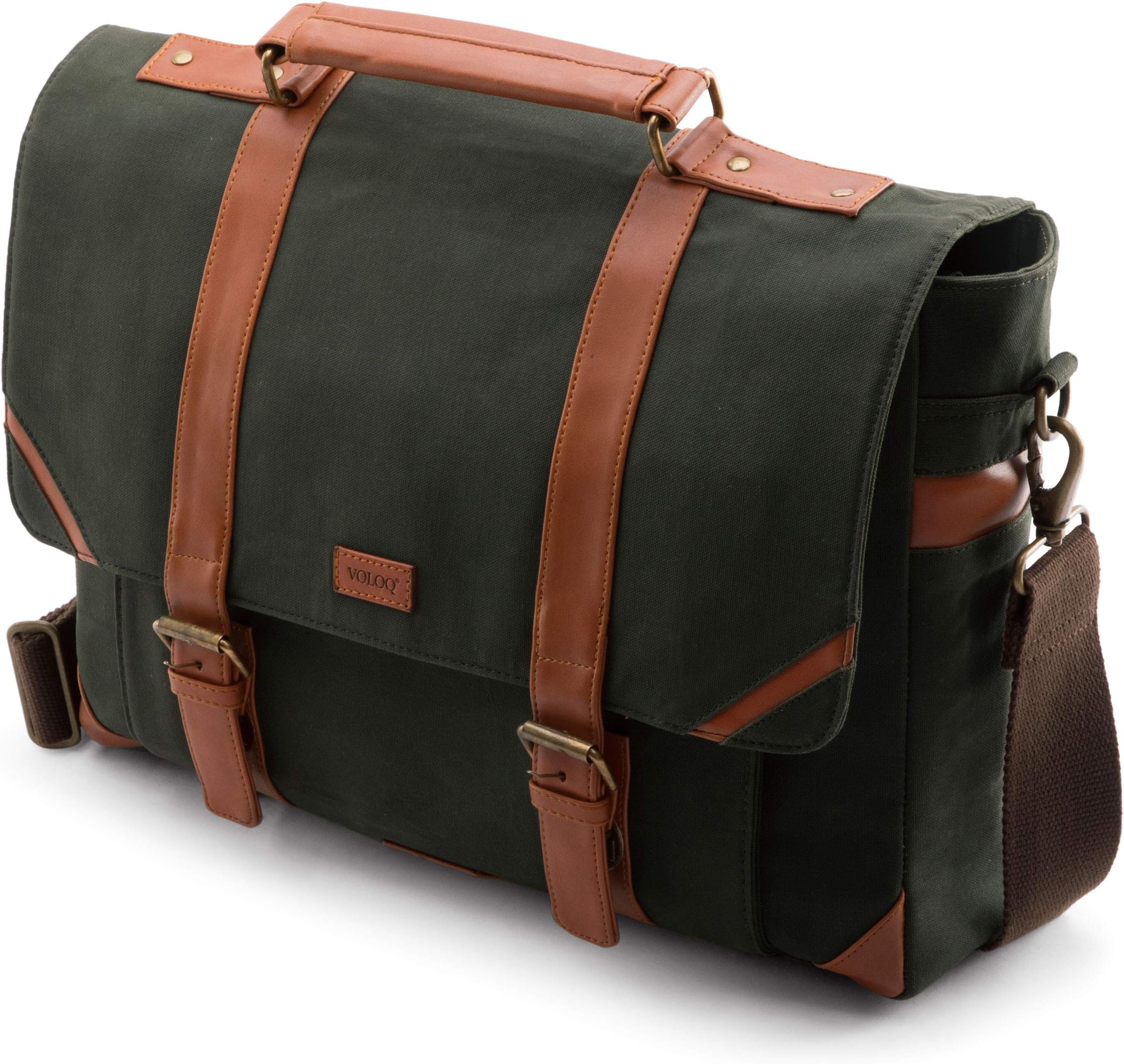VOLOQ Marshal fits Upto 17" Laptop Briefcase Messenger Bag for Working Men Canvas & Vegan Leather (Military Green)