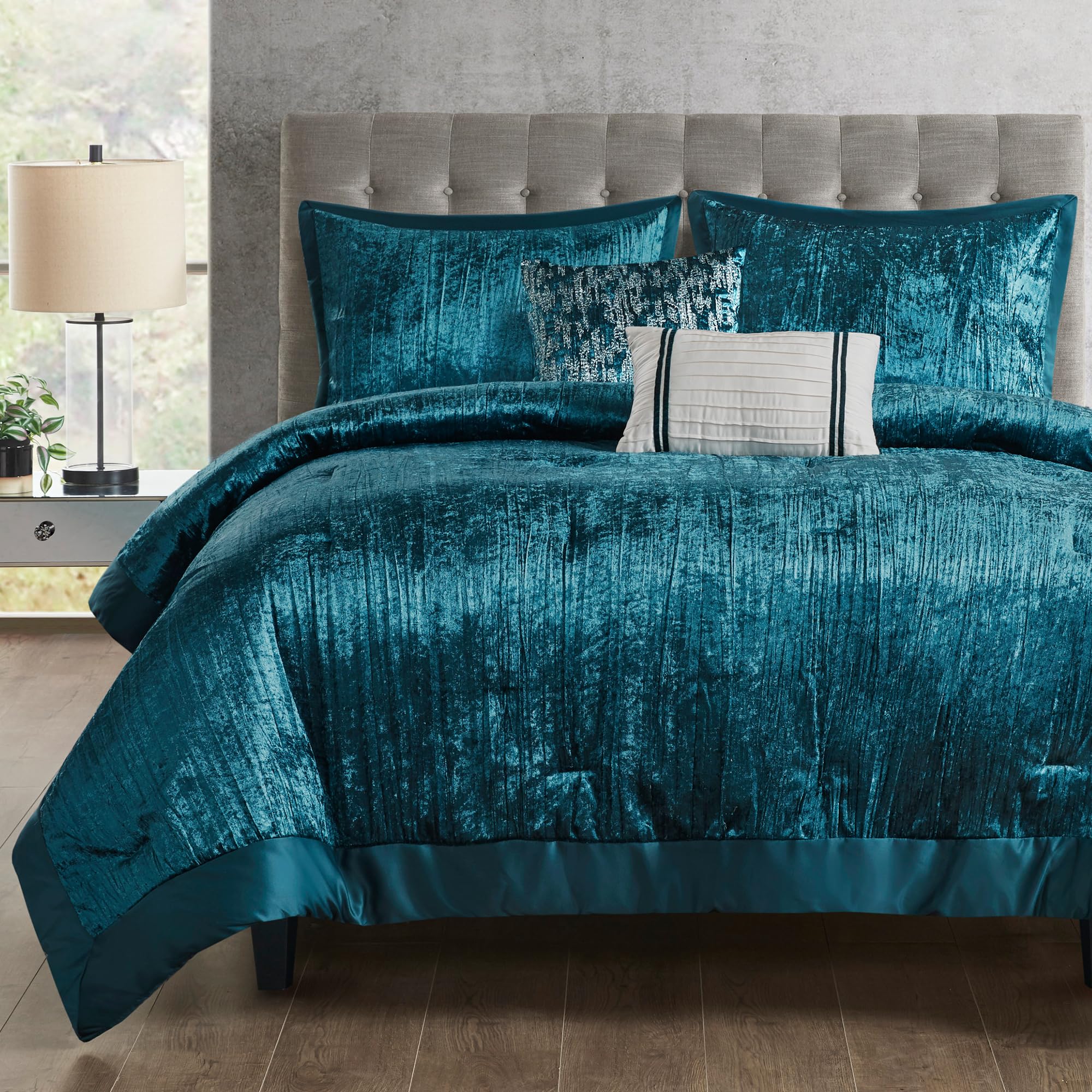 Madison Park King Comforter Set, Luxe Velvet, Satin Binding Comforter for a King-Size Bed, Cozy Velvet Comforters, All Seasons, Lightweight, Down Alternative Bedding, King/Cal King, Teal 5 Piece