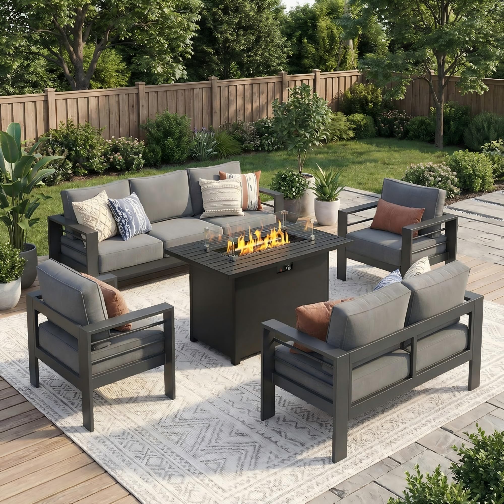 Photo 1 of *** PARTIAL SET *** Solaste Aluminum Outdoor Patio Furniture Set with 43" Fire Pit Table, 7 Seats Patio Sectional Sofa with 5" Thick Cushion, Outdoor Patio Set for Porch, Backyard, Deck, Yard, Grey