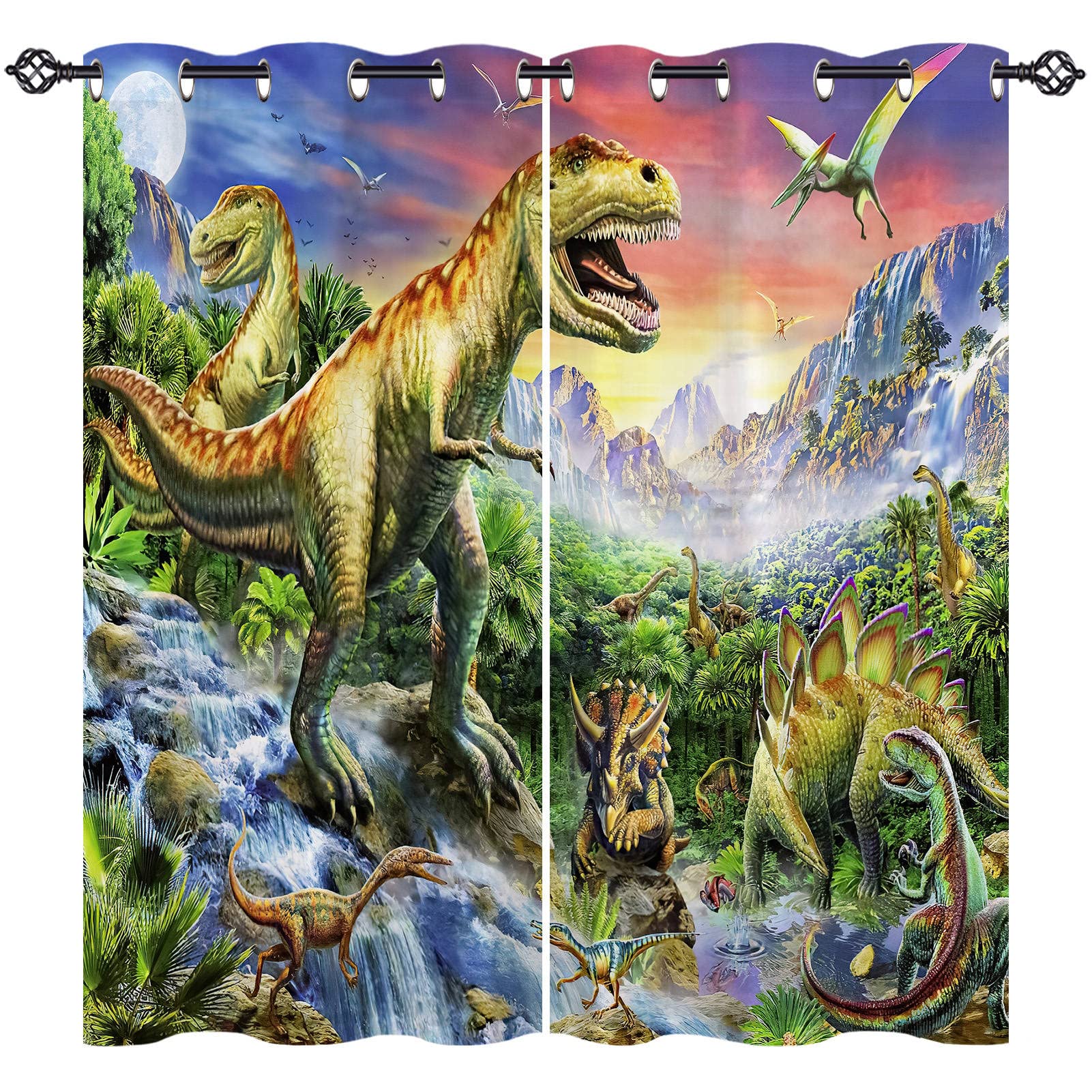 ANHOPE Dinosaur Curtains Eyelet 80% Blackout Room Darkening Curtains Jungle Wildlife Animal Dino Print Pattern Light Blocking Window Drapes for Kids Boys Bedroom Living Room 46 x 54 Inch Drop 2 Panels
