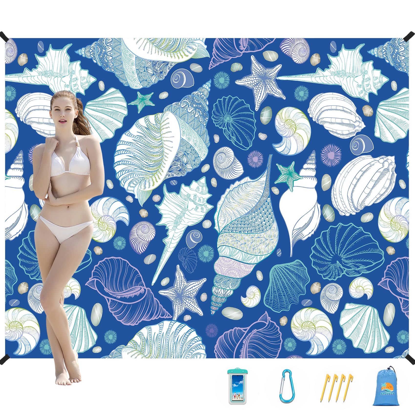 Photo 1 of Aroveea Beach Blanket Waterproof Sandproof 1-7 Adult Oversized 78 '' × 110 '' Lightweight Durable Compact Sand Free Beach Mat for Travel Camping Hiking Picnic Blanket Extra Large