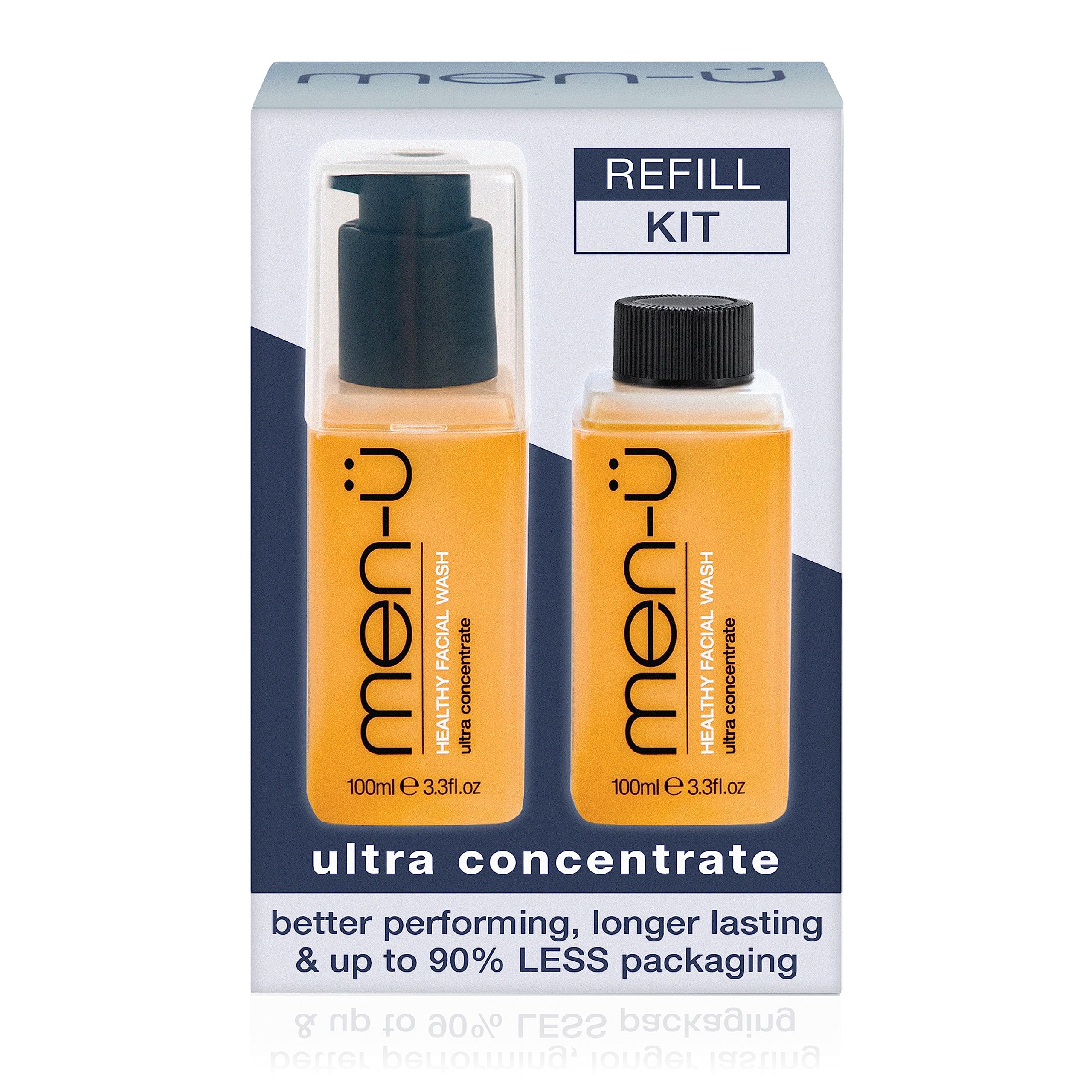 men-ü HEALTHY FACIAL WASH REFILL STARTER KIT, Up to 530 Washes, Ultra-Concentrate Healthy Face Cleanser, Facial Cleansing for Men Before or After Shaving, 100 ml Bottle + 100 ml Refill