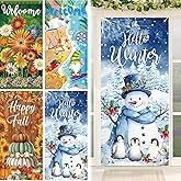4 Pcs Seasonal Door Cover Decorations Welcome Winter Christmas Door Cover Spring Summer Fall Winter Party Decorations Large Front Banner Background for Seasonal Welcome Holiday Christmas Party Indoor Outdoor Decor