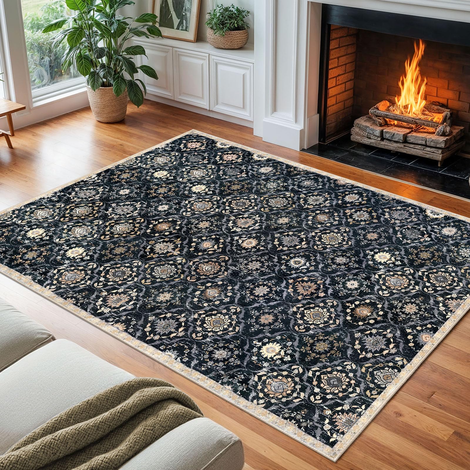 KILOCOCO 8x10 Area Moroccan Rug, Black/Navy Blue/Multi Super Soft Washable Living Room Vintage Floral, Non-Slip Large Print Faux Wool Throw Indoor Rug for Playroom Bedroom Office Carpet Image