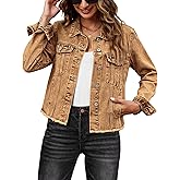 luvamia Denim Jacket for Women Distressed Jean Jackets Button Up Vintage Western Trucker Jacket Frayed Hem Pockets