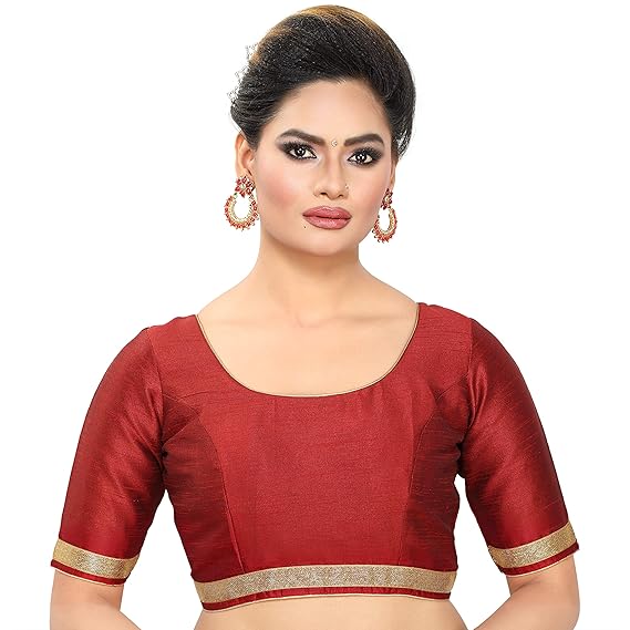 Poly Raw Silk Stitched Saree Blouse with Elbow Length Sleeves