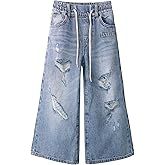 KIDSCOOL SPACE Girls Ripped Denim Pants, 5-14T Wide-Leg Loose Elastic Waist with String Baggy Jeans