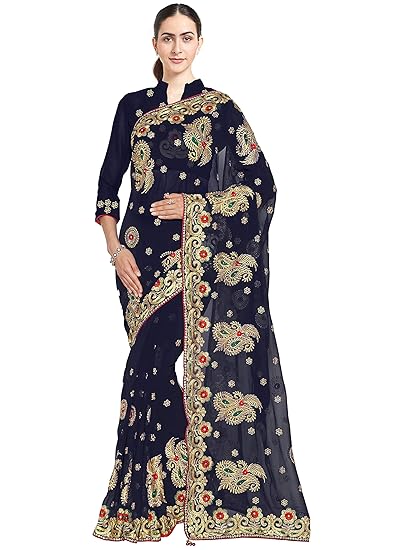 Womens Faux Georgette Embroidered Bridal Saree