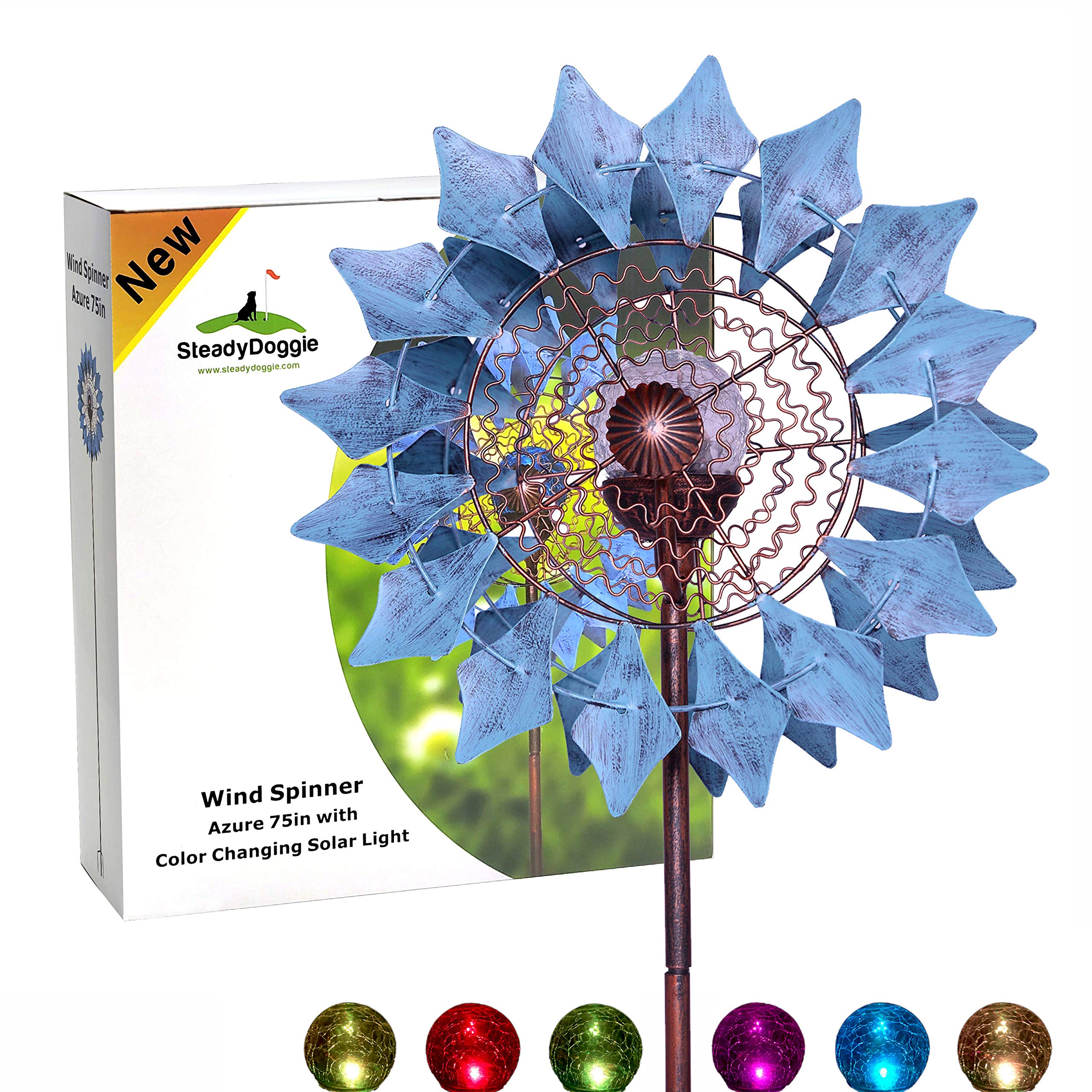 SteadyDoggie Sports & Outdoors Solar Wind Spinner New Azure 75in Multi-Color Seasonal LED Lighting Solar Powered Glass Ball with Kinetic Wind Spinner Dual Direction for Patio Lawn & Garden