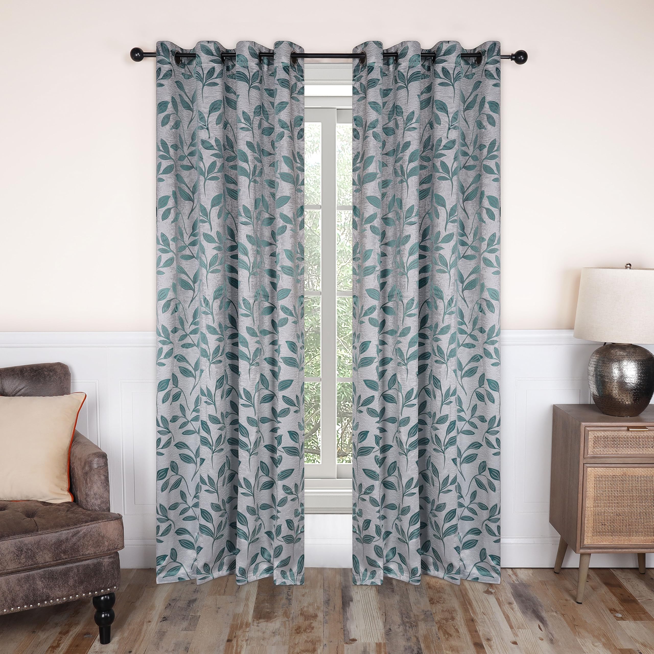 Superior Blackout Curtains, Room Darkening Window Accent for Bedroom, Sun Blocking, Thermal, Modern Bohemian Curtains, Leaves Collection, Set of 2 Panels, Rod Pocket - 52 in x 84 in, Teal
