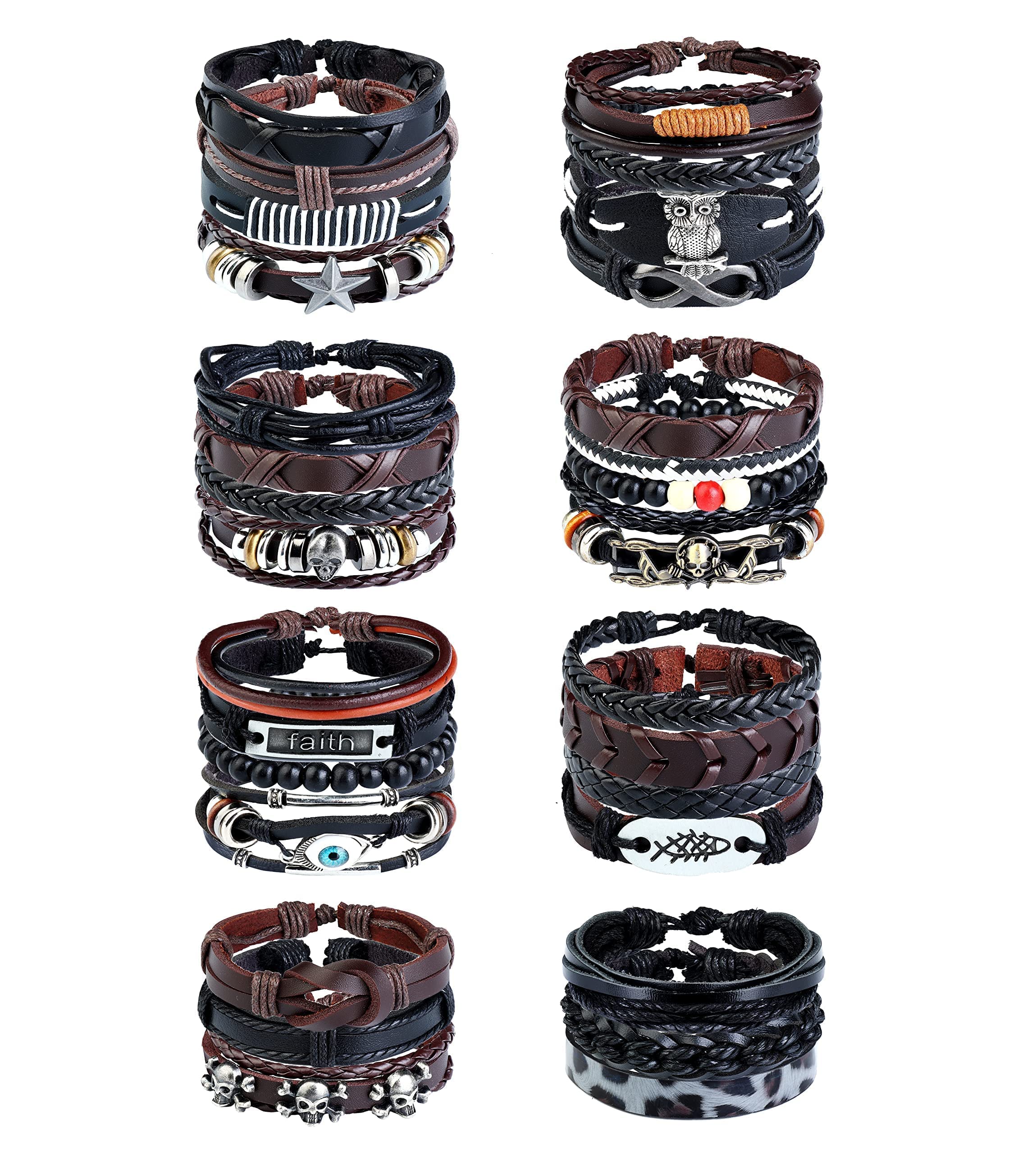LOLIAS 30Pcs Leather Bracelets Set for Men Women Adjustable Cool Braided Leather Bracelets Stack Ethnic Wood Beads Boho Tribal Wrist Cuff Bracelets Set