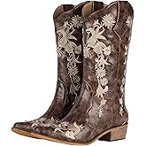 SheSole Women's Floral Embroidery Western Cowgirl Cowboy Boots Mid Wide Calf Country Wedding Boots Snip Toe Brown