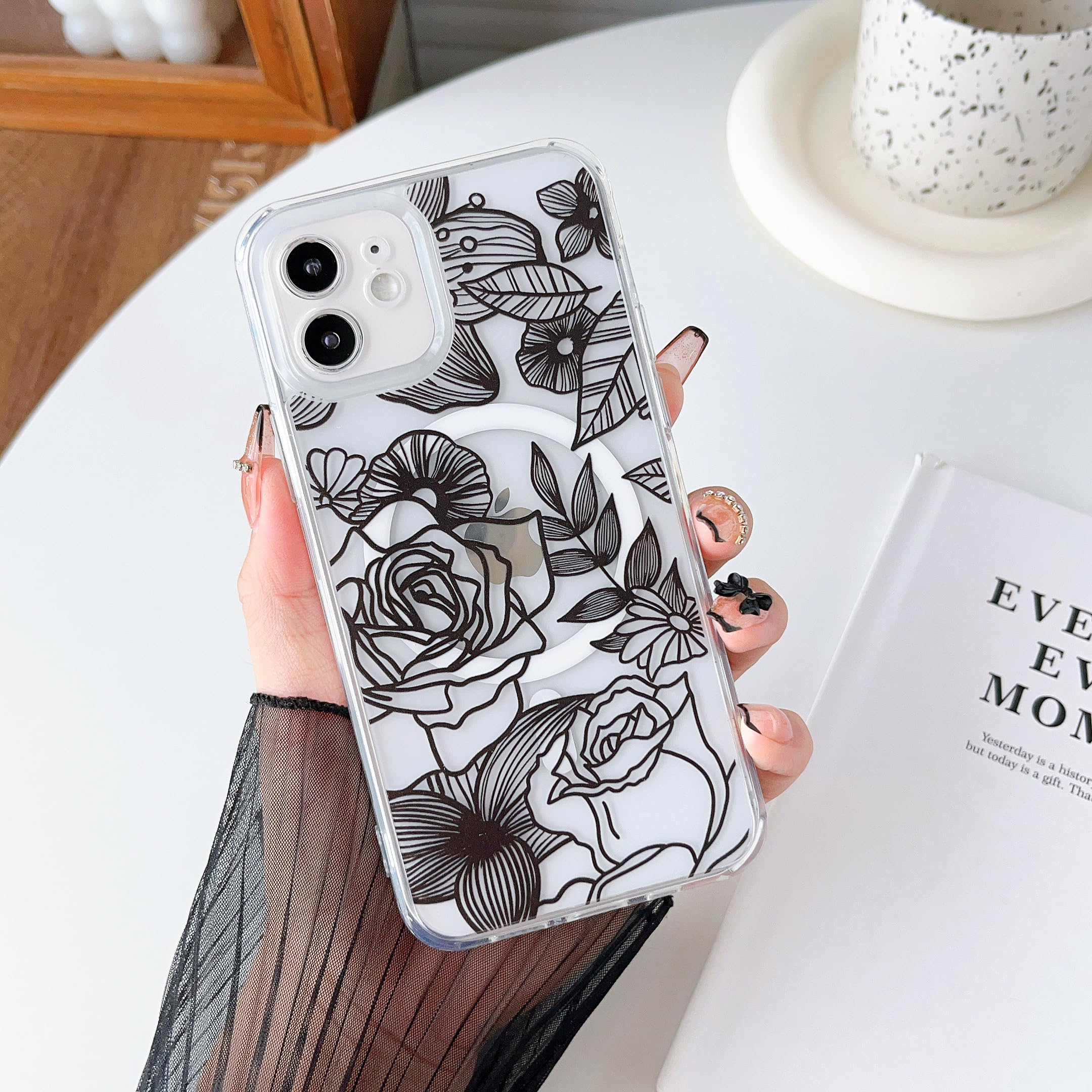 XIZYO Magnetic Clear Rose Case for iPhone 11 Compatible with MagSafe, Cute Flower Floral Pattern Slim Shockproof Phone Case, for Girls Women Soft TPU Transparent Protective Case, Black