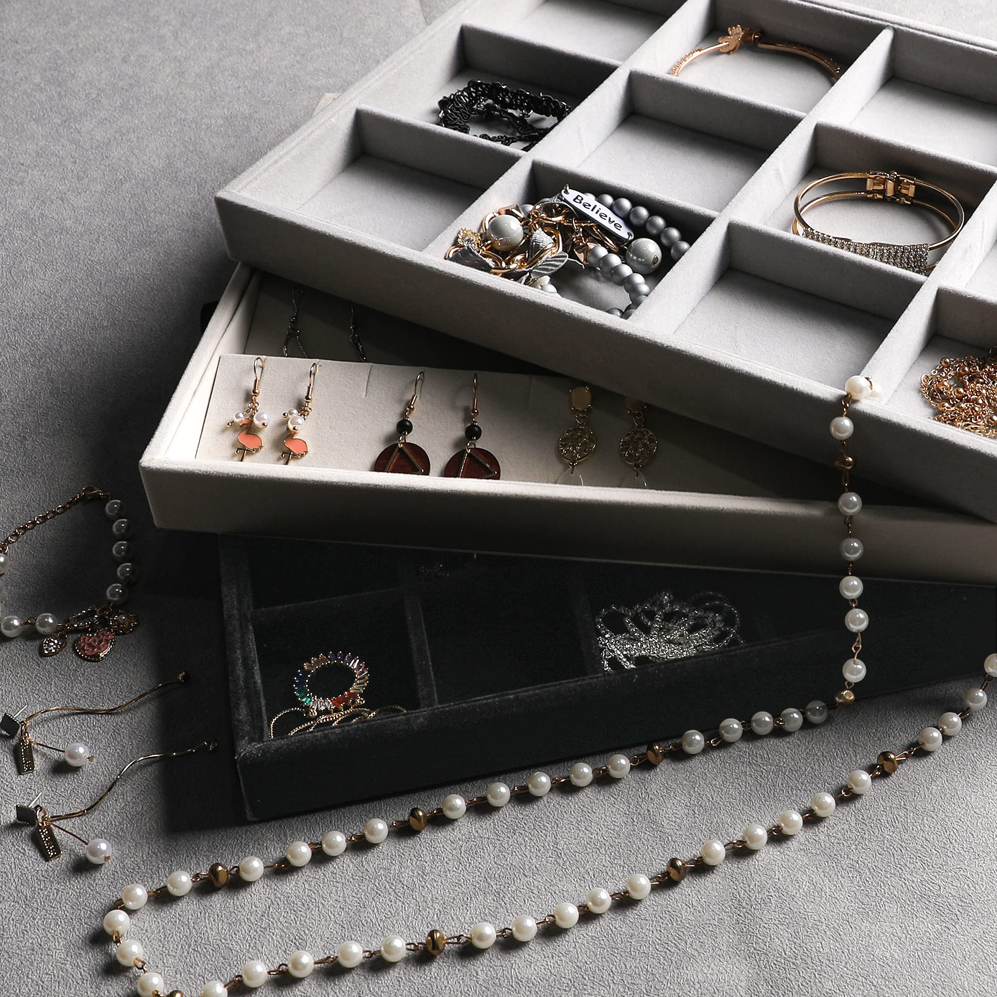 Frebeauty Stackable Velvet Jewelry Organizer Trays for Drawers Inserts Jewelry Storage Tray Display Case, Stud Earrings Bracelets Necklace Rings Accessories Trays for Women (Set of 2 Black)