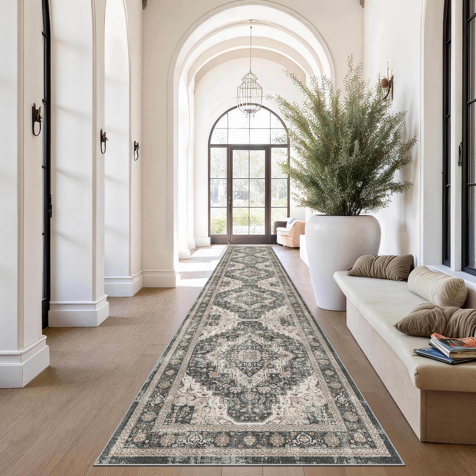 Roxstand Washable Runner Rug 2.6x14 Runners for Hallways, Ultra-Thin Carpet Runners for Entryway Anti Slip Backing Runner Rugs for Kitchen Laundry Room Indoor Hallway (Black/Beige) Image