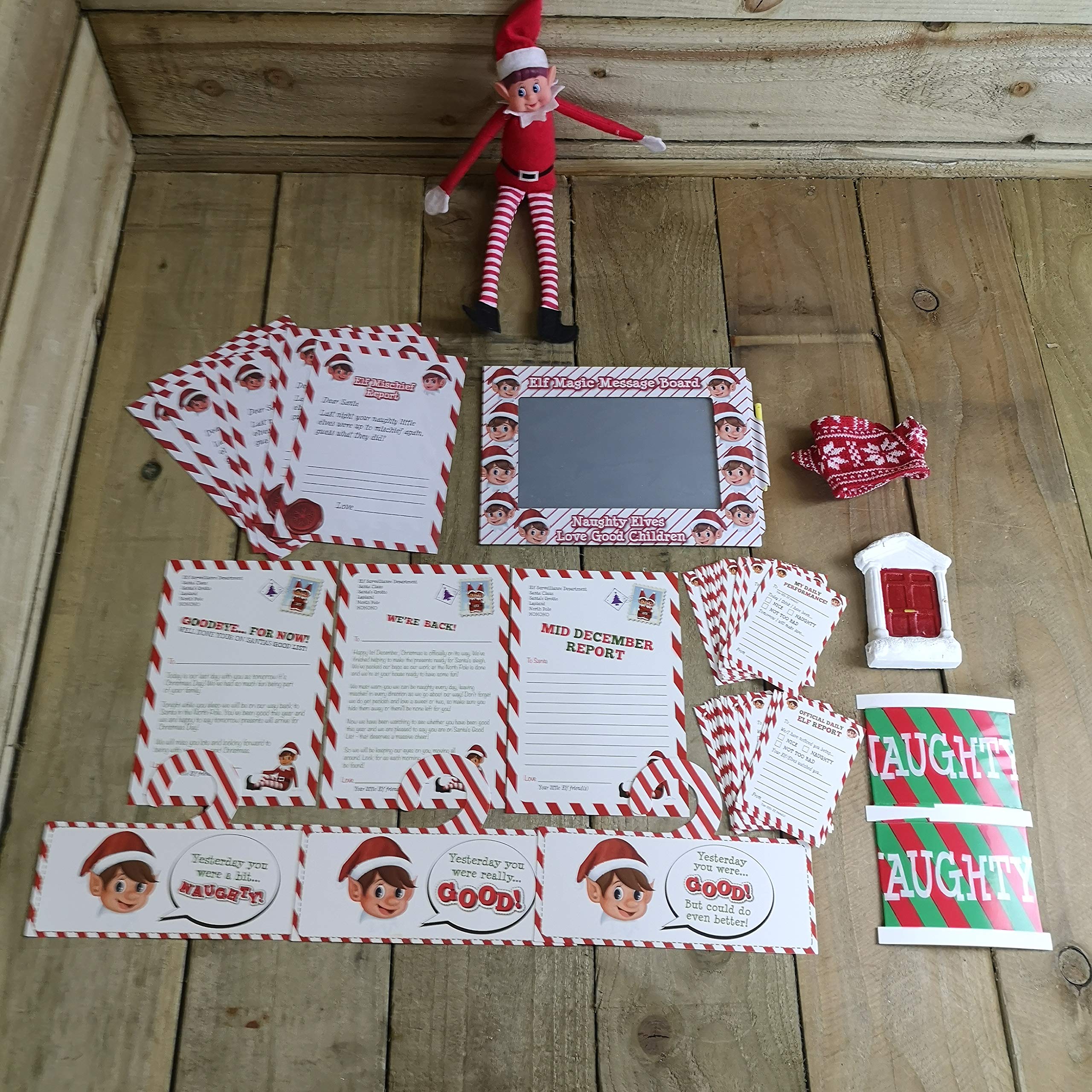 Elves Behaving Badly 70 Piece Gift Set - Including 12" Elf - Elf Door - Elf Letters - Decorations & Much More - Elf Christmas Decorations