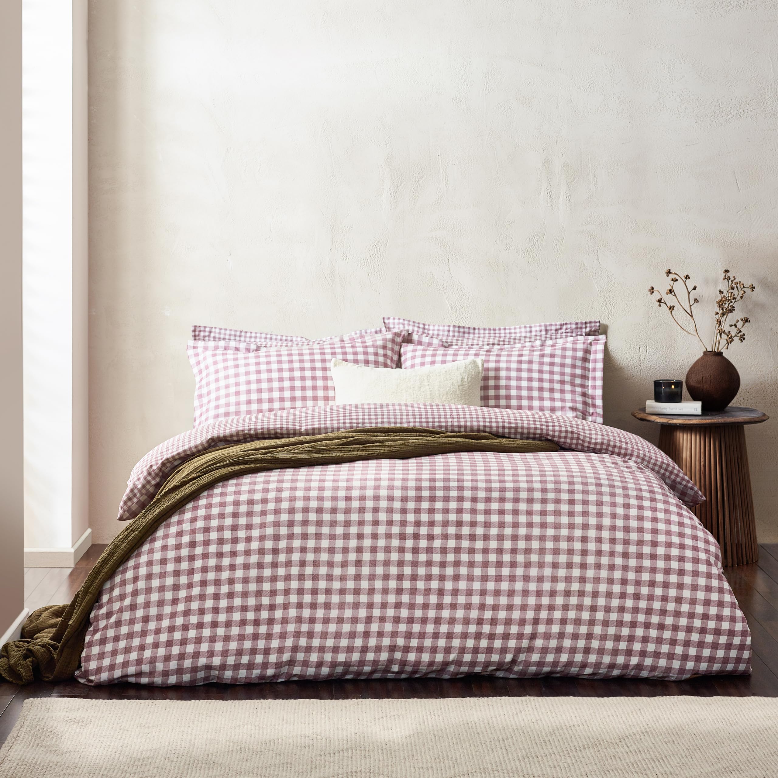 Yard Barton Gingham Check Duvet Cover Set - 100% Cotton, Reversible, Oxford Pillowcases, Soft & Breathable Premium Bedding (King - Berry)