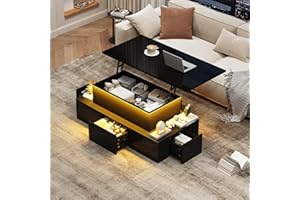 39.3'' Lift Top Coffee Table with LED Lights, High Gloss Black Coffee Table with 4 Drawers and Hidden Storage, Height Adjusta
