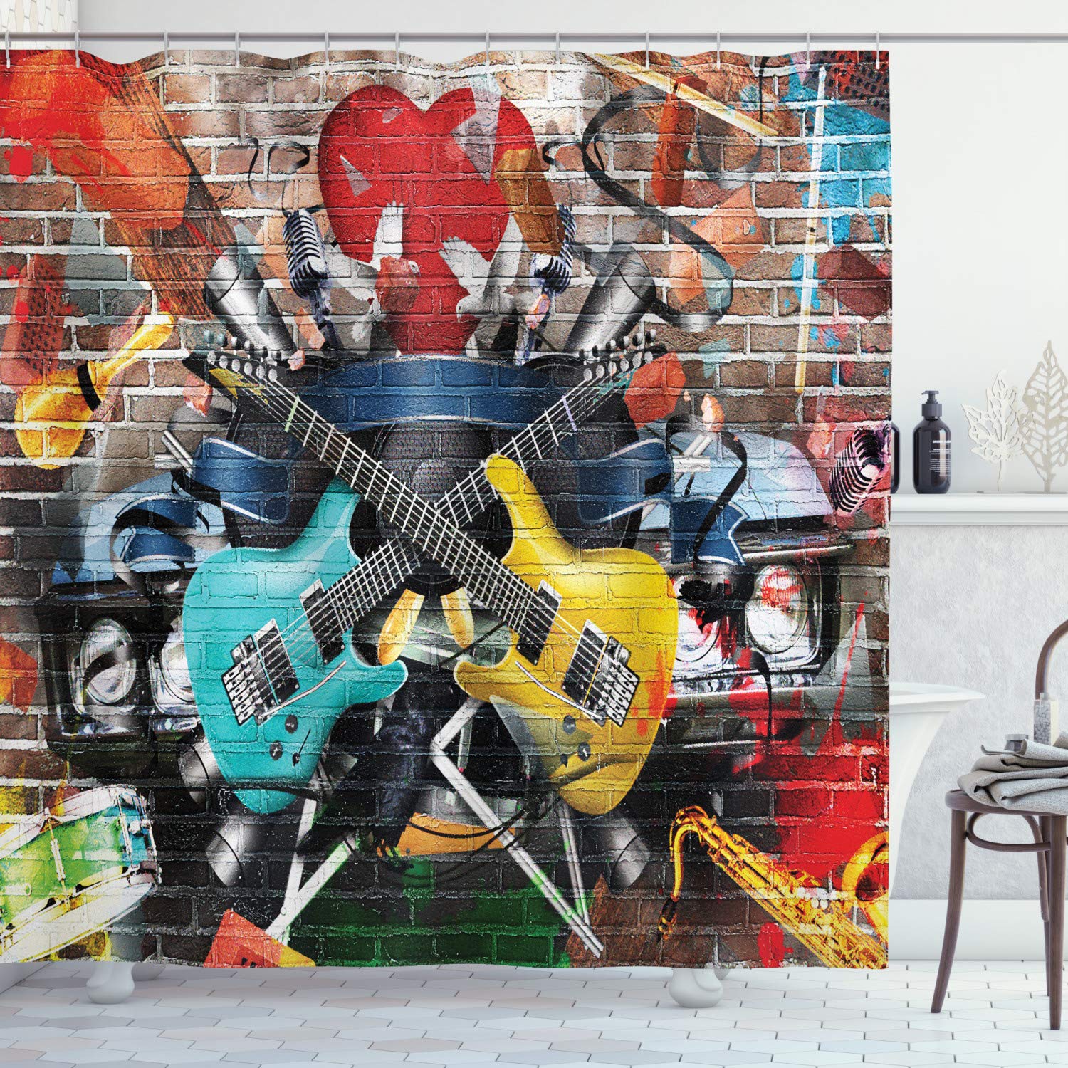 ABAKUHAUS Music Shower Curtain, Collage of Music Color and Musical Instruments Street Wall Art Joyful Nostalgia Print, Cloth Fabric Bathroom Decor Set with Hooks, 94 Inches, Multicolor