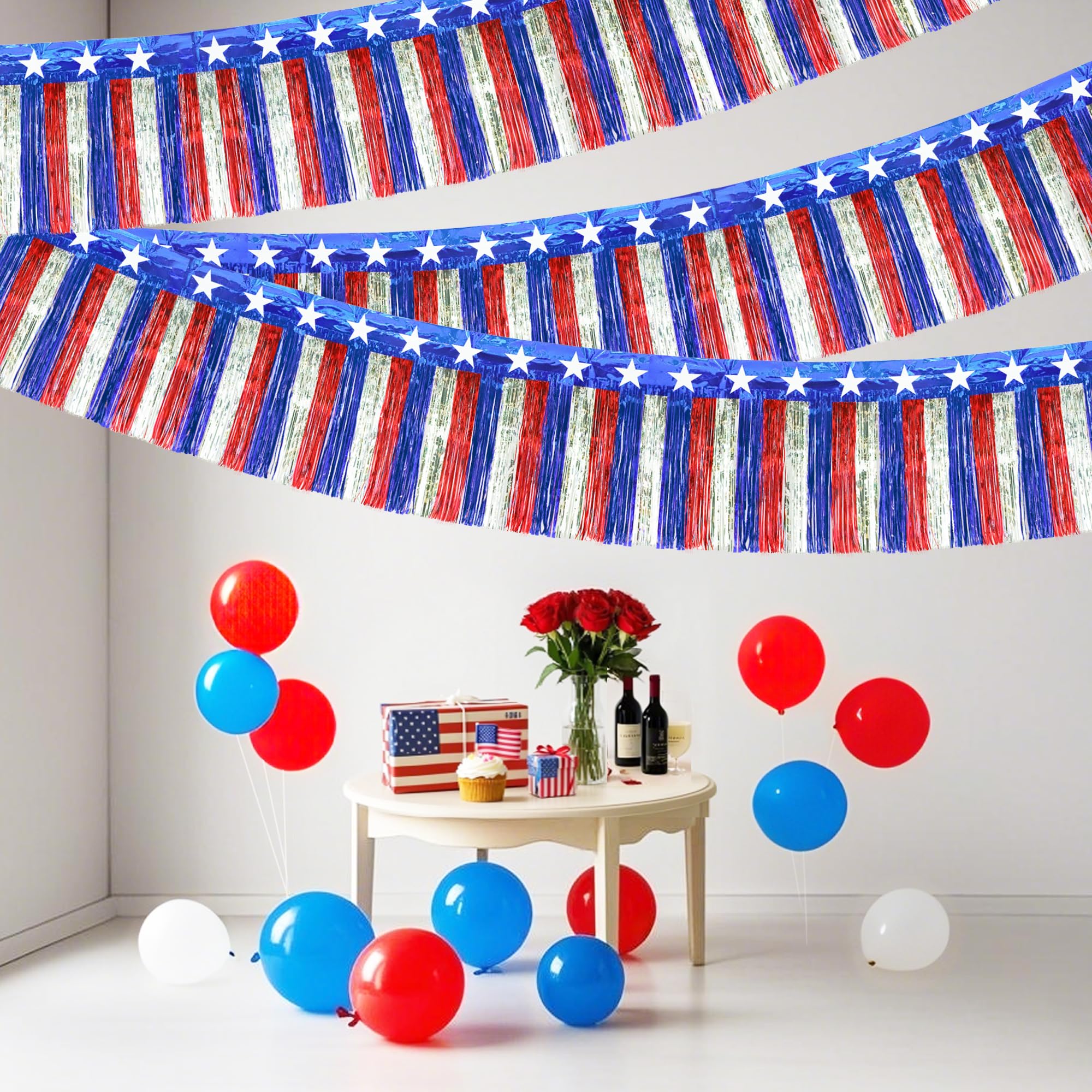 Photo 1 of 2 Packs 4th of July Decorations,39 FT Fourth of July Foil Fringe Curtain Tinsel Garland, Red White and Blue Streamers Hanging Backdrop Table Skirts for Parade Floats Memorial Day Patriotic Decor