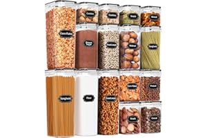 PRAKI Airtight Food Storage Container Set, 16 Pcs BPA Free Plastic Dry Food Canisters for Kitchen Pantry Organization and Storage Ideal for Cereal, Flour & Sugar - Labels, Marker(Black)