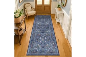 HAZO HAUS Dark Blue 2'6" x 8' Runners for Hallways Non Slip, Extra Long Floor Runner for Kitchen, Entryway Indoor, Washable Rubber Backing Stain Resistant - Vintage Navy Blue Floral Décor