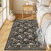 DUKINO 3x5 Rug, Washable Vintage Floral Bedroom Area Rug Non Slip, Black | Low Pile, Non-Shedding, Stain Resistant Boho Lightweight Soft Indoor Carpet for Bathroom Office Dining Living Room Farmhouse