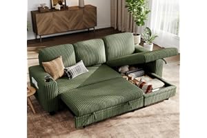 LINSY HOME Sectional Sleeper Sofa with Pull Out Couch Bed Convertible Plush Corduroy Cloud Couch with Storage Chaise & USB Charging, Comfy L Shaped Modular Couches for Living Room Apartment (Green)