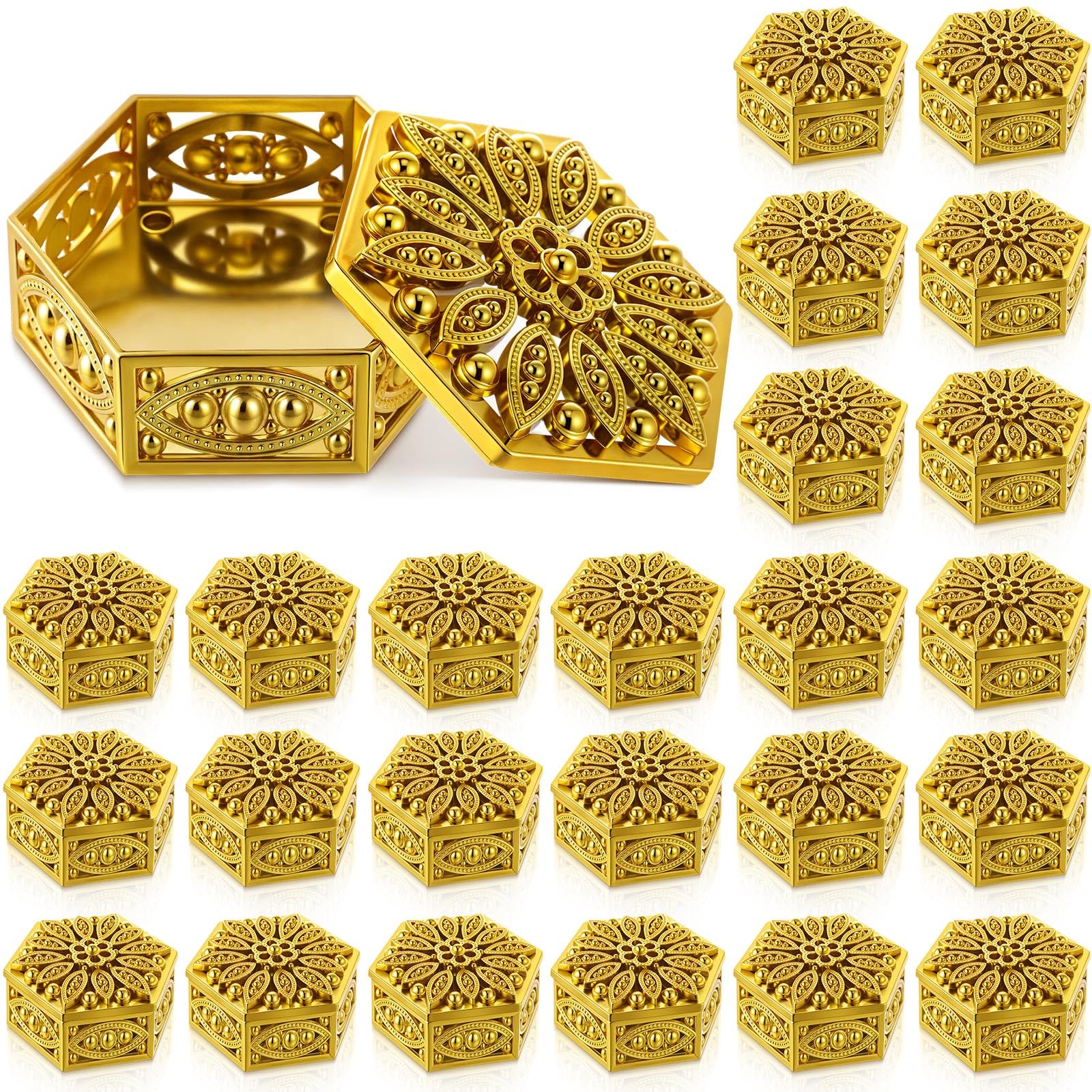 Photo 1 of Yexiya 24 Pcs Indian Return Gifts for Pooja Bulk Hollow out Hexagon Candy Boxes Decorative Candy Containers Golden Hexagon Box Storage Gift Boxes for Wedding Christmas Birthday Party Decorating